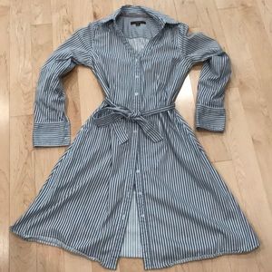 Blue and white striped shirt dress